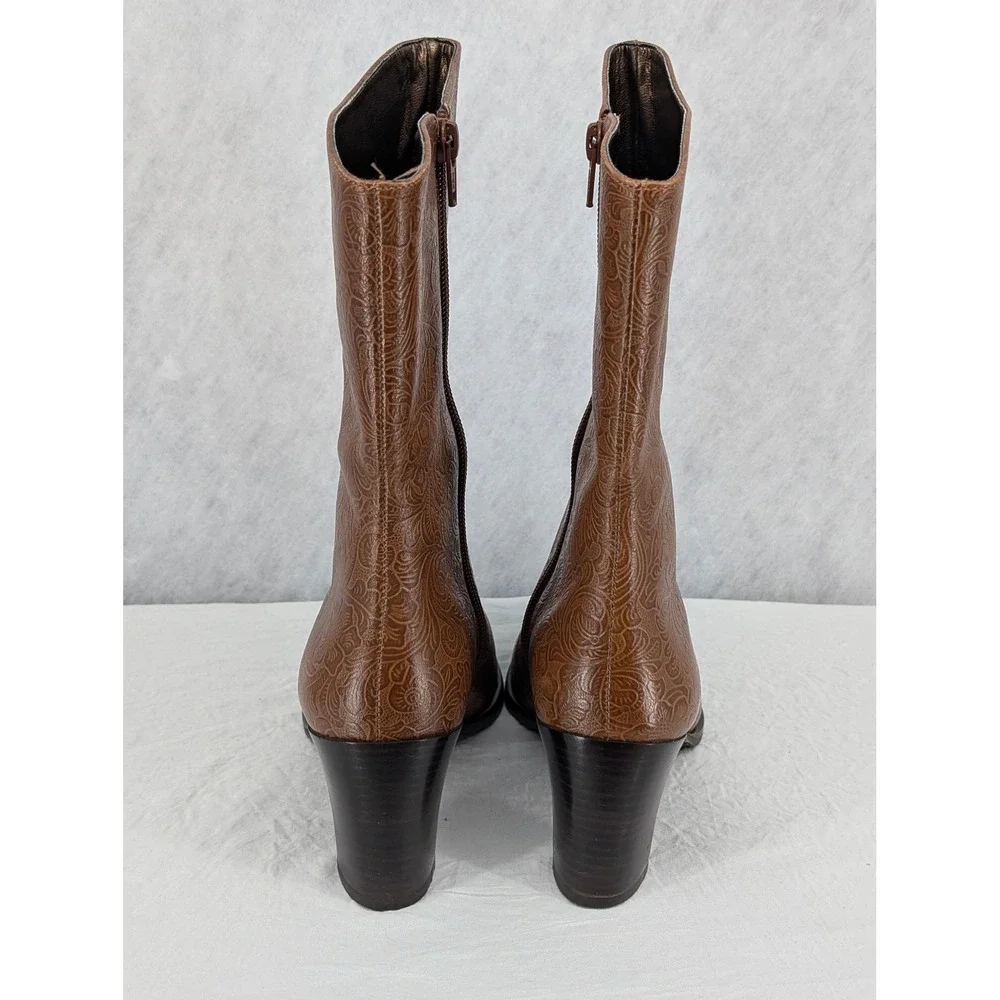 A. Marinelli Archer Brown Tooled Leather Floral Mid Calf Boots 7.5 M Brazil Made - Picture 6 of 11